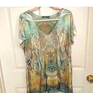 Women's Plus Size 1X Boho Hippie Artsy Symetrical Print Flutter Sleeve Bell Hem